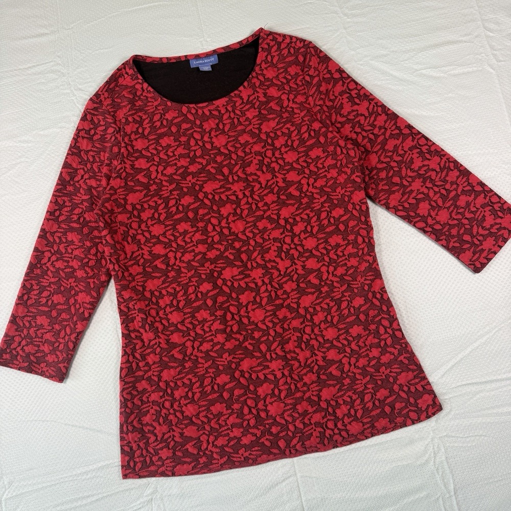 Laura Scott Womens Medium Red Black Textured Floral 3/4 Sleeve Top Blouse